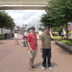 Robbie and Danny at WDW Epcot with Space Ship Earth in background Sep 16, 2007