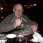 Rod's 89th birthday at the Spaghetti Factory.  Rod really loved their spaghetti with meat sauce and the spumoni ice cream for dessert. I secretly told the server that it was his birthday...so they would sing to him! Photo by Laurence Juhnke