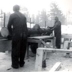 This is how desperate they were for lumber after that terrible fire of oct 1947 in Bar Harbor...Dad is Sawing and George is 'taking away' this is winter of 1947-48 so George would have been just 14 in that picture. Imagine working in the bitter cold just to get lumber to build your house!  Dad taught us both us boys how to work around saws and to respect machines ....none of us has lost a finger....yet !