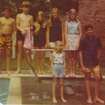Cousins spending the day around the pool in the early '70s at the Large's house in Birmingham, Alabama.
Shown are:
Patty Pickard Ruch, Jimmy Stephens (front row)
Dickie Stephens, Billy Pickard, Alison Large Ketcham, Lisa Large, Cindy Pickard Cartwright (diving board).