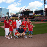 Bob and Norma touring the new stadium with their sons, Rich, Mike and Ron, and their families.