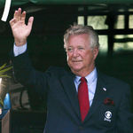 This June 2, 2011 file photo shows retiring CBS golf broadcaster Ken Venturi waves to Kemper Open winner Bob Estes from the broadcast booth during the final round of the Kemper Open at the TPC at Avenel in Potomac, Md. The former U.S. Open champion has died just 12 days after he was inducted into the World Golf Hall of Fame. He was 82. His son, Matt Venturi, says he died Friday May 17, 2013 in a hospital in Rancho Mirage, Calif. Venturi had been hospitalized the last two months for a spinal infection, pneumonia and an intestinal infection. Ken Venturi