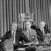 In this March 11, 1985 black-and-white file photo, Bill Monroe of NBC's "Meet the Press", center, sits with former Presidents Jimmy Carter, and Gerald Ford at Tulane university in New Orleans.